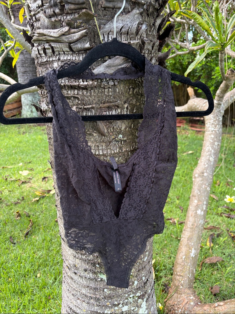 Victoria's Secret Black Lace V-Neck Halter Bodysuit